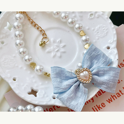 Japanese Bow and Pearl Necklace for Pets - Baby Blue