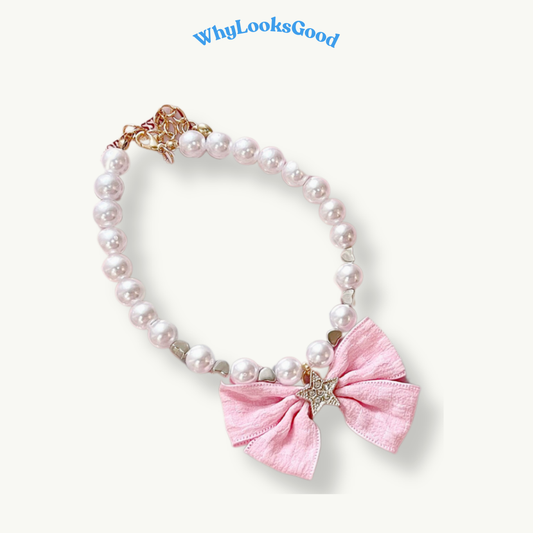 Japanese Bow and Pearl Necklace for Pets - Pink