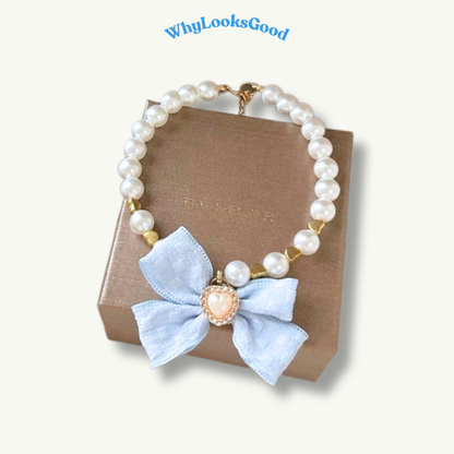 Japanese Bow and Pearl Necklace for Pets - Baby Blue